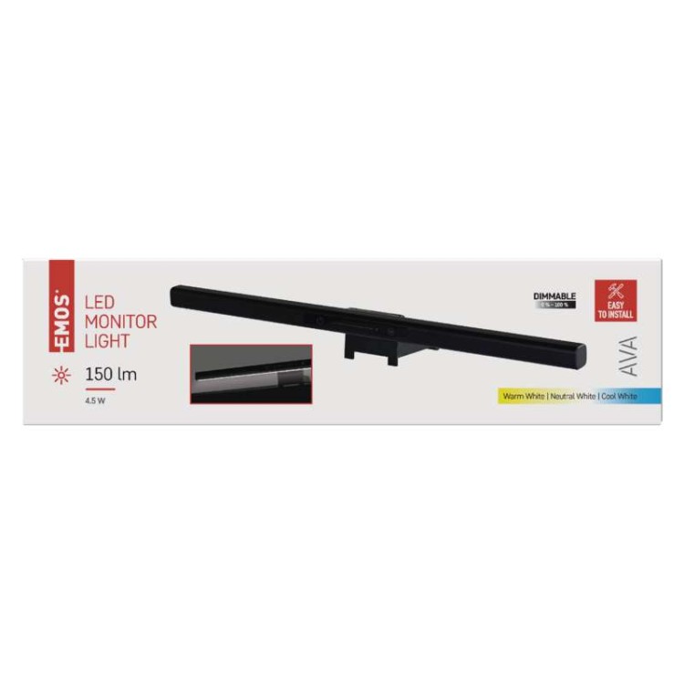 Lampa biurkowa zasilana z USB do monitora biurka i klawiatury Ściemnialna AVA Z7617 Emos LED lampka regulowana 3000K 4000K 5000K laptopa mocowana na monitorze Czarna