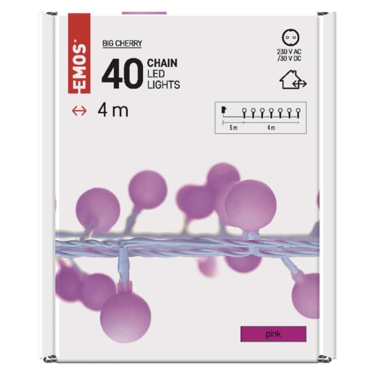 Lampki ogrodowe Girlanda Łańcuch kulki Big Cherry 40x LED do Ogrodu z Żarówkami D5AP01 Emos Dekoracyjny 4m lampki choinkowe świąteczne IP44 Dekoracja sznur Różowy