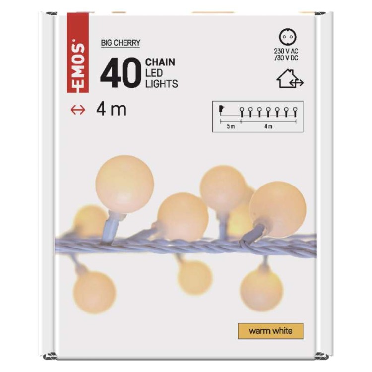 Lampki ogrodowe Girlanda Łańcuch kulki Big Cherry 40x LED do Ogrodu z Żarówkami D5AW01 Emos Dekoracyjny 4m lampki choinkowe świąteczne IP44 Dekoracja sznur ciepłobiały Ciepły biały