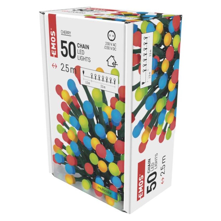 Lampki choinkowe Łańcuch kulki Cherry 50x LED z Żarówkami D5GM01 Emos Dekoracyjny 2,5m lampki świąteczne IP20 Dekoracja świąteczna Boże Narodzenie ozdoba wewnętrzna do domu kolorowe lampki sznur Multikolor