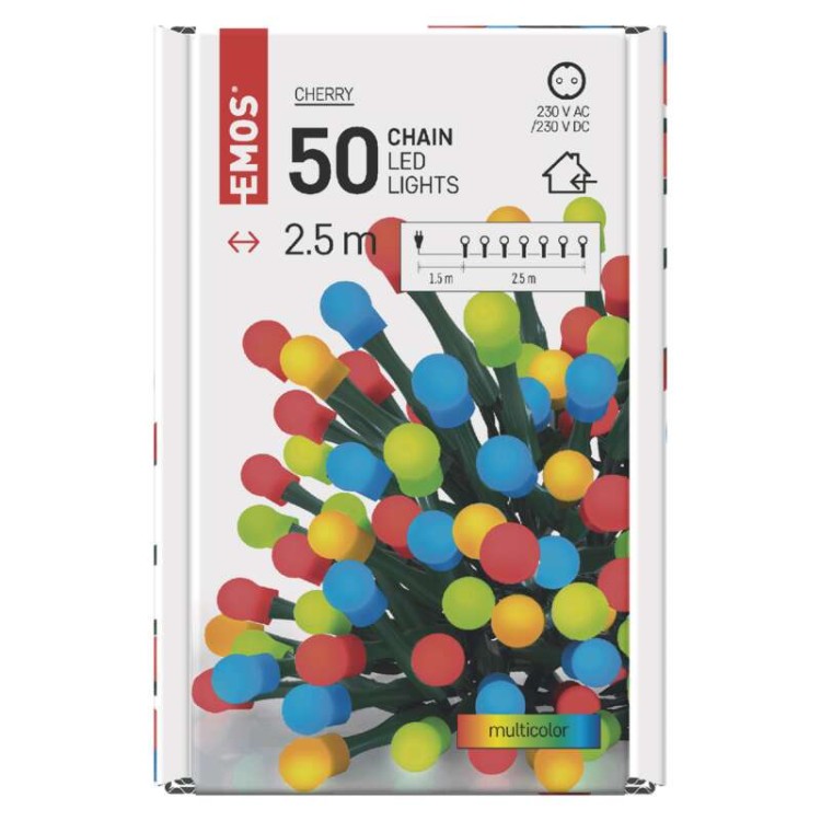 Lampki choinkowe Łańcuch kulki Cherry 50x LED z Żarówkami D5GM01 Emos Dekoracyjny 2,5m lampki świąteczne IP20 Dekoracja świąteczna Boże Narodzenie ozdoba wewnętrzna do domu kolorowe lampki sznur Multikolor