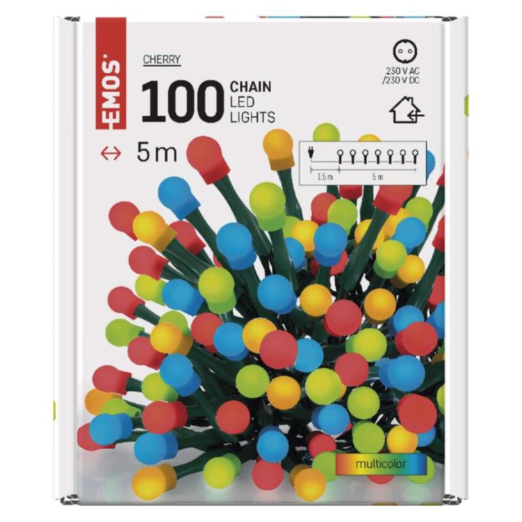 Lampki choinkowe Łańcuch kulki Cherry 100x LED z Żarówkami D5GM02 Emos Dekoracyjny 5m lampki świąteczne IP20 Dekoracja świąteczna Boże Narodzenie ozdoba wewnętrzna do domu kolorowe lampki sznur Multikolor