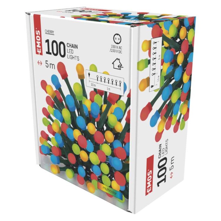 Lampki choinkowe Łańcuch kulki Cherry 100x LED z Żarówkami D5GM02 Emos Dekoracyjny 5m lampki świąteczne IP20 Dekoracja świąteczna Boże Narodzenie ozdoba wewnętrzna do domu kolorowe lampki sznur Multikolor