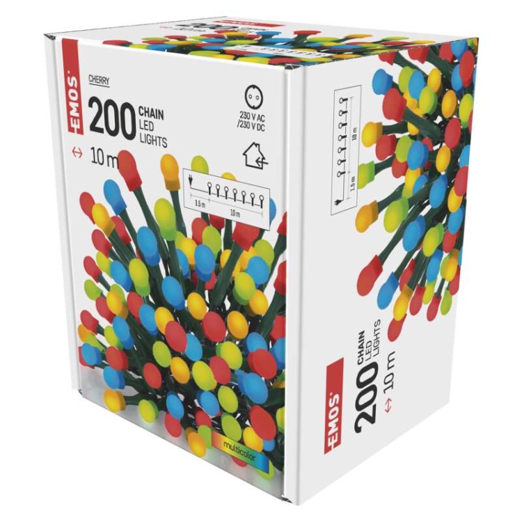 Lampki choinkowe Łańcuch kulki Cherry 200x LED z Żarówkami D5GM03 Emos Dekoracyjny 10m lampki świąteczne IP20 Dekoracja świąteczna Boże Narodzenie ozdoba wewnętrzna do domu kolorowe lampki sznur Multikolor