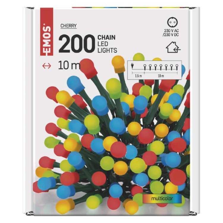 Lampki choinkowe Łańcuch kulki Cherry 200x LED z Żarówkami D5GM03 Emos Dekoracyjny 10m lampki świąteczne IP20 Dekoracja świąteczna Boże Narodzenie ozdoba wewnętrzna do domu kolorowe lampki sznur Multikolor