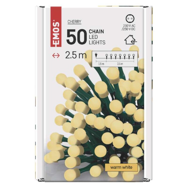 Lampki choinkowe Łańcuch kulki Cherry 50x LED z Żarówkami D5GW01 Emos Dekoracyjny 2,5m lampki świąteczne IP20 Dekoracja świąteczna Boże Narodzenie ozdoba wewnętrzna do domu sznur WW ciepłobiały Ciepły biały