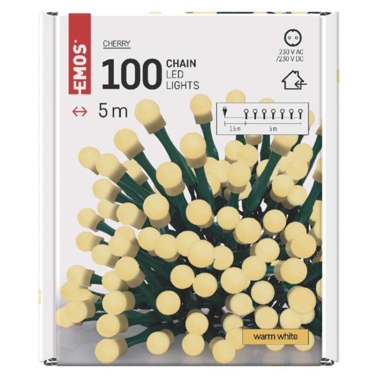Lampki choinkowe Łańcuch kulki Cherry 100x LED z Żarówkami D5GW02 Emos Dekoracyjny 5m lampki świąteczne IP20 Dekoracja świąteczna Boże Narodzenie ozdoba wewnętrzna do domu sznur ciepłobiały Ciepły biały