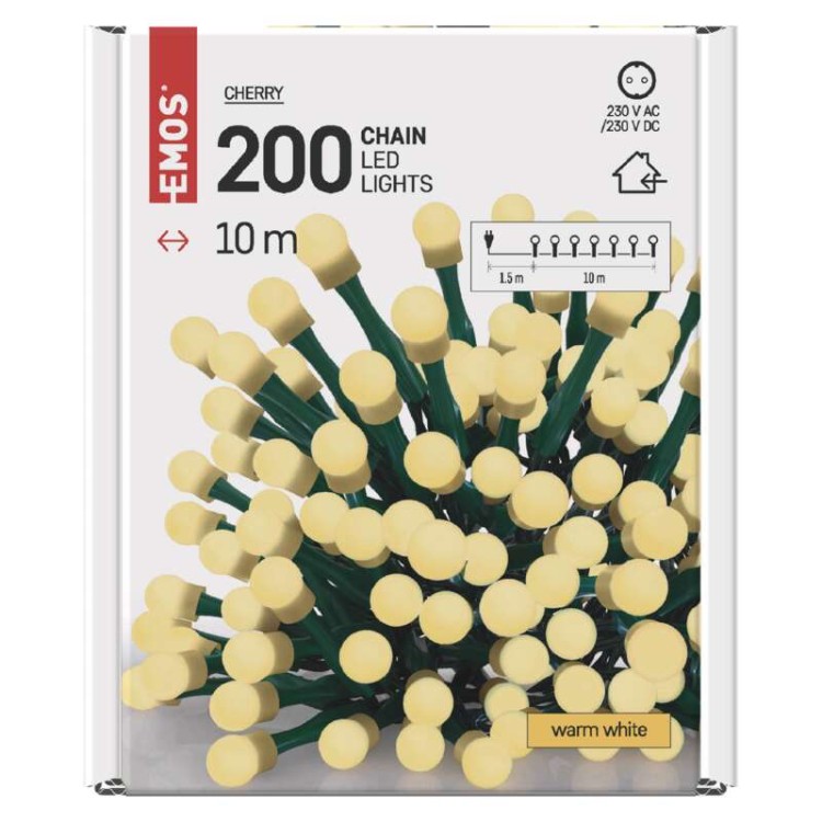 Lampki choinkowe Łańcuch kulki Cherry 200x LED z Żarówkami D5GW03 Emos Dekoracyjny 10m lampki świąteczne IP20 Dekoracja świąteczna Boże Narodzenie ozdoba wewnętrzna do domu sznur ciepłobiały Ciepły biały
