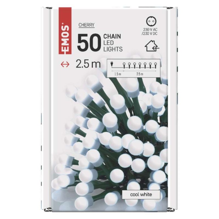 Lampki choinkowe Łańcuch kulki Cherry 50x LED z Żarówkami D5GC01 Emos Dekoracyjny 2,5m lampki świąteczne IP20 Dekoracja świąteczna Boże Narodzenie ozdoba wewnętrzna do domu sznur CW zimna biel Zimny biały