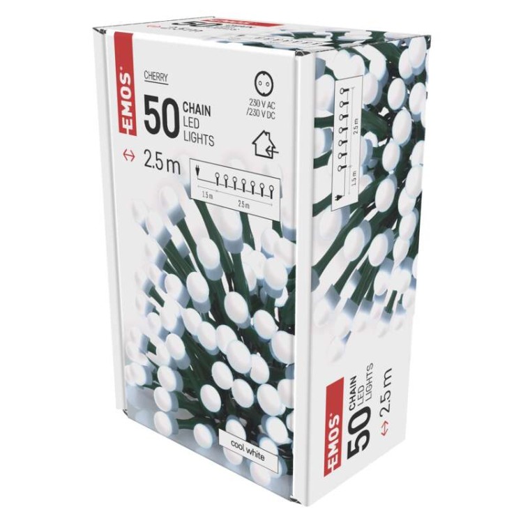 Lampki choinkowe Łańcuch kulki Cherry 50x LED z Żarówkami D5GC01 Emos Dekoracyjny 2,5m lampki świąteczne IP20 Dekoracja świąteczna Boże Narodzenie ozdoba wewnętrzna do domu sznur CW zimna biel Zimny biały