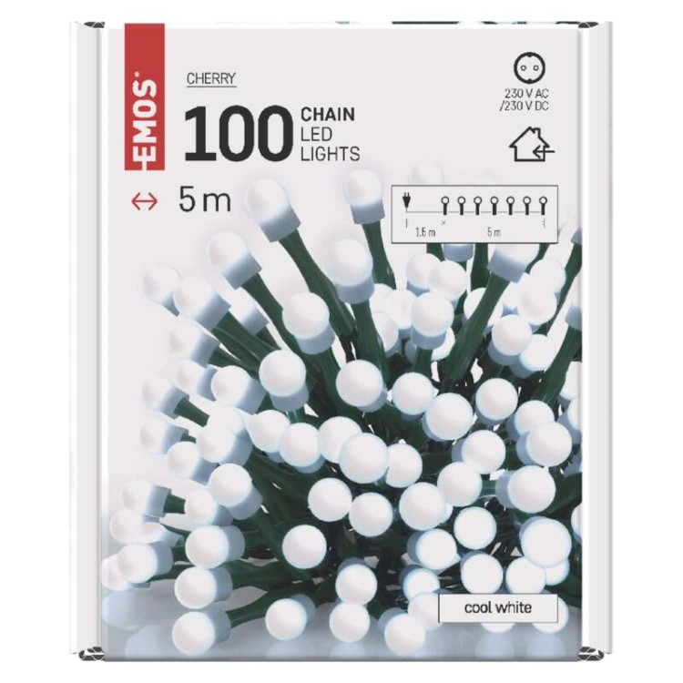 Lampki choinkowe Łańcuch kulki Cherry 100x LED z Żarówkami D5GC02 Emos Dekoracyjny 5m lampki świąteczne IP20 Dekoracja świąteczna Boże Narodzenie ozdoba wewnętrzna do domu sznur CW zimna biel Zimny biały