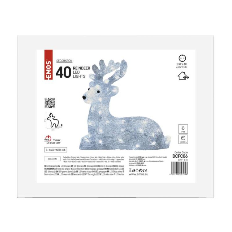 Jeleń świąteczny bożonarodzeniowy leżący 40 LED 31cm CW Timer DCFC06 Emos 230V IP44 2,1W Boże Narodzenie ozdoba świecąca dekoracja figurka na święta świąteczna elektryczna stroik zimny biały