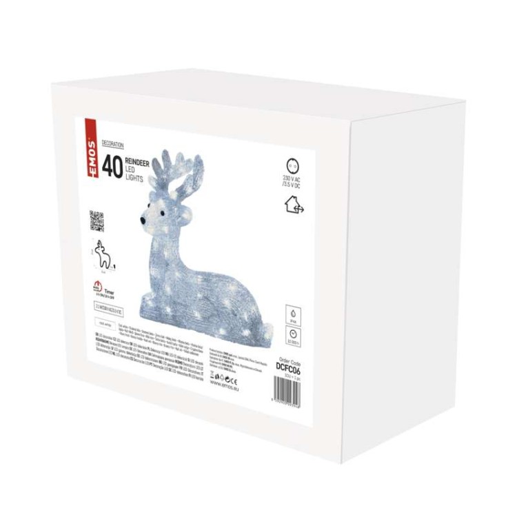 Jeleń świąteczny bożonarodzeniowy leżący 40 LED 31cm CW Timer DCFC06 Emos 230V IP44 2,1W Boże Narodzenie ozdoba świecąca dekoracja figurka na święta świąteczna elektryczna stroik zimny biały