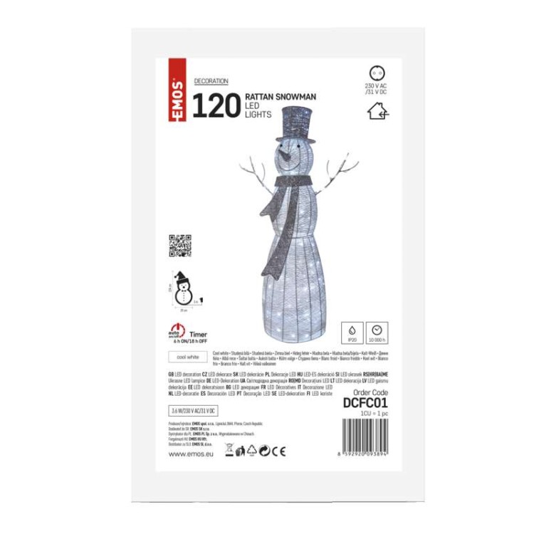 Bałwan świąteczny bożonarodzeniowy stojący 120 LED 124cm CW Timer DCFC01 Emos 230V IP20 2,8W Boże Narodzenie ozdoba świecąca dekoracja figurka na święta świąteczna elektryczna stroik bałwanek zimny biały