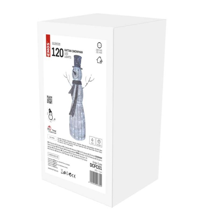 Bałwan świąteczny bożonarodzeniowy stojący 120 LED 124cm CW Timer DCFC01 Emos 230V IP20 2,8W Boże Narodzenie ozdoba świecąca dekoracja figurka na święta świąteczna elektryczna stroik bałwanek zimny biały