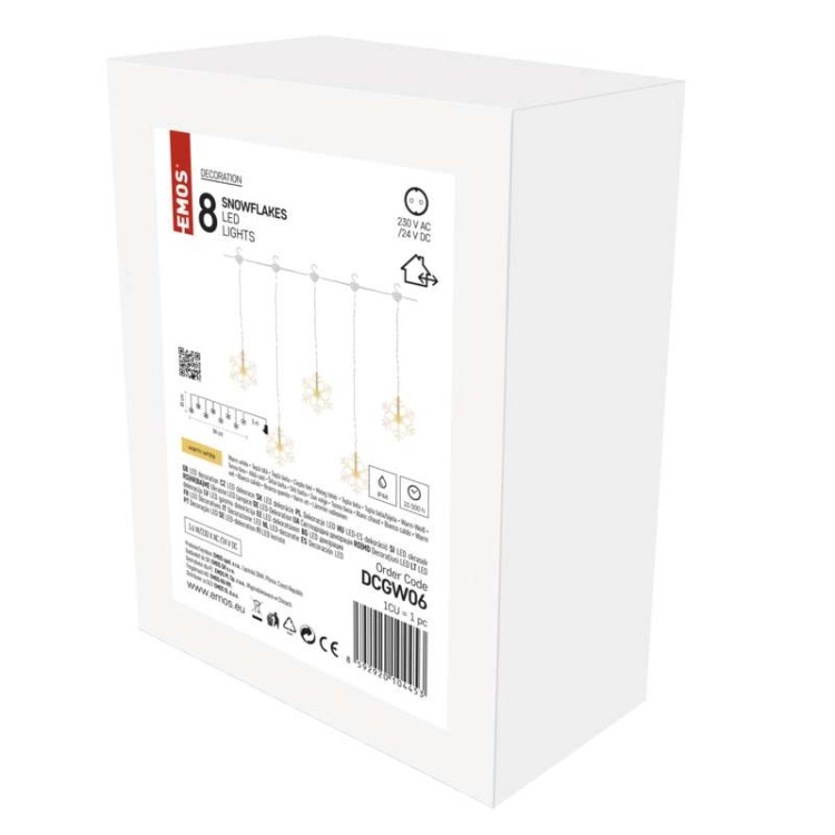 Kurtyna świetlna sople płatki śniegu śnieżynki świąteczna bożonarodzeniowa 8 LED 48x84cm WW DCGW06 Emos 230V IP44 0,6W Boże Narodzenie ozdoba świecąca dekoracja na święta świąteczna elektryczna stroik wiszący girlanda na okno śnieżki ciepły biały
