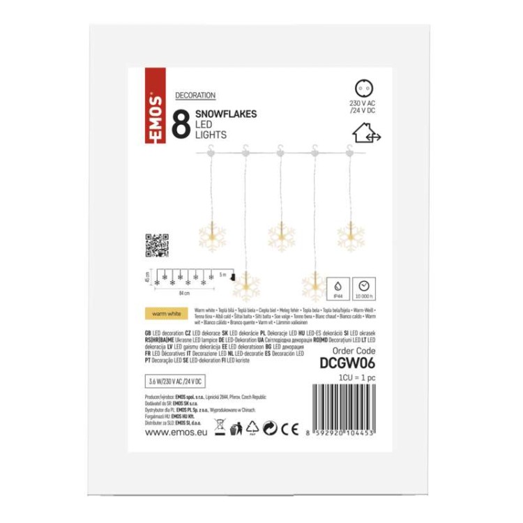 Kurtyna świetlna sople płatki śniegu śnieżynki świąteczna bożonarodzeniowa 8 LED 48x84cm WW DCGW06 Emos 230V IP44 0,6W Boże Narodzenie ozdoba świecąca dekoracja na święta świąteczna elektryczna stroik wiszący girlanda na okno śnieżki ciepły biały