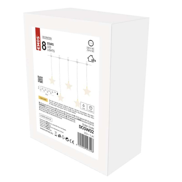 Kurtyna świetlna sople gwiazdki świąteczna bożonarodzeniowa 8 LED 45x84cm WW DCGW02 Emos 230V IP44 0,6W Boże Narodzenie ozdoba świecąca dekoracja na święta świąteczna elektryczna stroik wiszący girlanda na okno gwiazdy ciepły biały