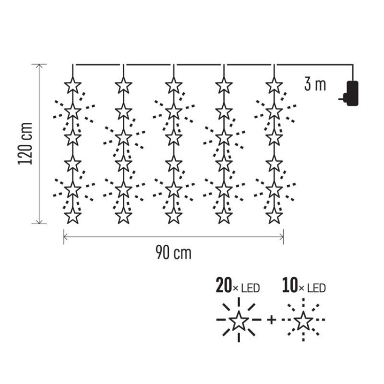 Kurtyna świetlna sople gwiazdki świąteczna bożonarodzeniowa migające 30 LED 120x90cm WW DCGW01 Emos timer 230V IP44 2,4W Boże Narodzenie ozdoba świecąca dekoracja na święta świąteczna elektryczna stroik wiszący girlanda na okno gwiazdy ciepły biały