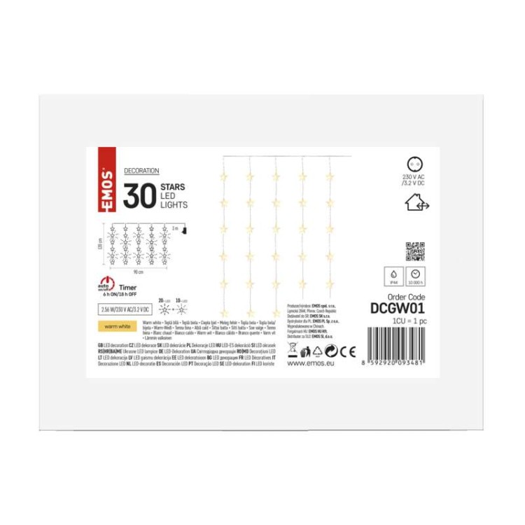 Kurtyna świetlna sople gwiazdki świąteczna bożonarodzeniowa migające 30 LED 120x90cm WW DCGW01 Emos timer 230V IP44 2,4W Boże Narodzenie ozdoba świecąca dekoracja na święta świąteczna elektryczna stroik wiszący girlanda na okno gwiazdy ciepły biały