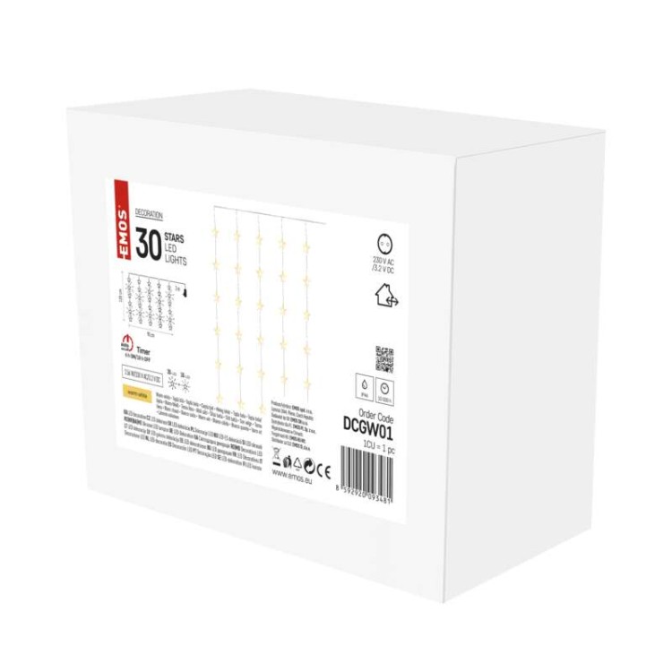 Kurtyna świetlna sople gwiazdki świąteczna bożonarodzeniowa migające 30 LED 120x90cm WW DCGW01 Emos timer 230V IP44 2,4W Boże Narodzenie ozdoba świecąca dekoracja na święta świąteczna elektryczna stroik wiszący girlanda na okno gwiazdy ciepły biały