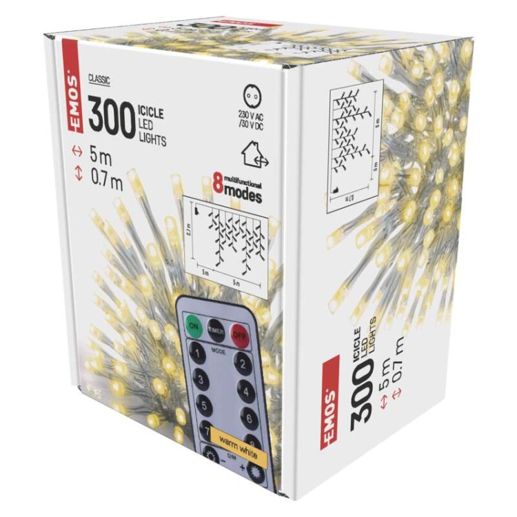 Kurtyna świetlna sople świąteczna bożonarodzeniowa migające 300 LED 5x0,7m WW D4CW02 Emos timer pilot 230V IP44 6W Boże Narodzenie ozdoba świecąca dekoracja na święta świąteczna elektryczna stroik wiszący girlanda na okno ciepły biały