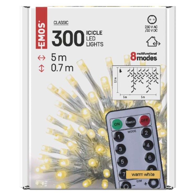Kurtyna świetlna sople świąteczna bożonarodzeniowa migające 300 LED 5x0,7m WW D4CW02 Emos timer pilot 230V IP44 6W Boże Narodzenie ozdoba świecąca dekoracja na święta świąteczna elektryczna stroik wiszący girlanda na okno ciepły biały