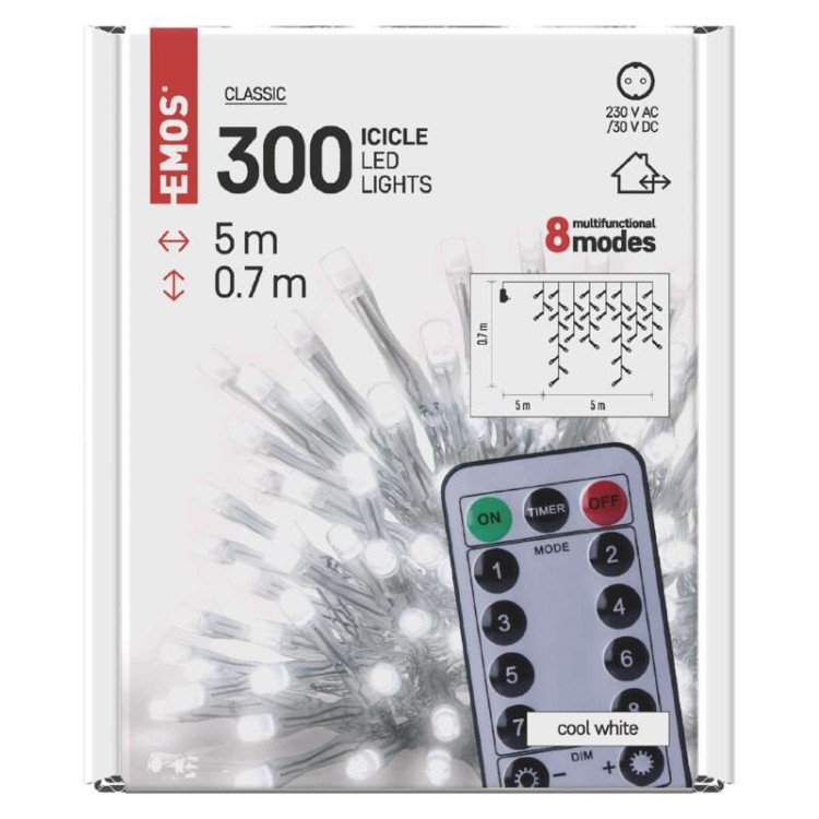 Kurtyna świetlna sople świąteczna bożonarodzeniowa migające 300 LED 5x0,7m CW D4CC02 Emos timer pilot 230V IP44 6W Boże Narodzenie ozdoba świecąca dekoracja na święta świąteczna elektryczna stroik wiszący girlanda na okno zimny biały