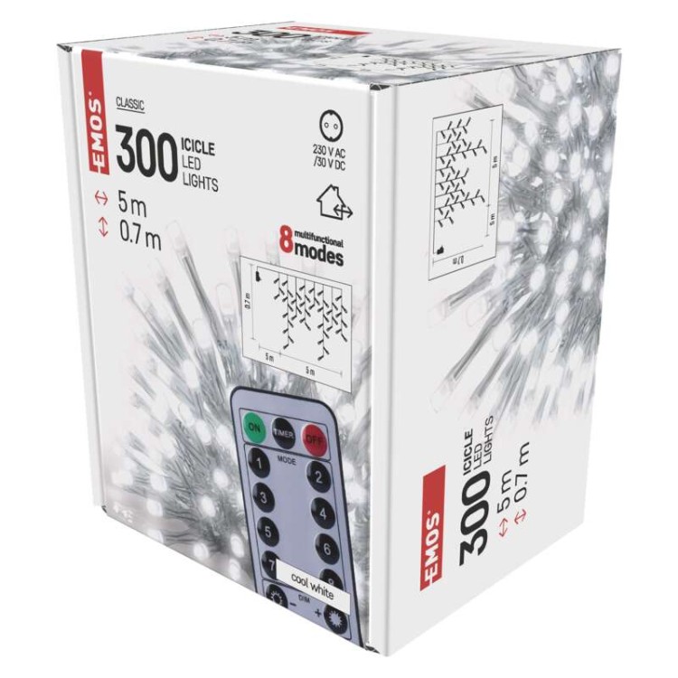Kurtyna świetlna sople świąteczna bożonarodzeniowa migające 300 LED 5x0,7m CW D4CC02 Emos timer pilot 230V IP44 6W Boże Narodzenie ozdoba świecąca dekoracja na święta świąteczna elektryczna stroik wiszący girlanda na okno zimny biały