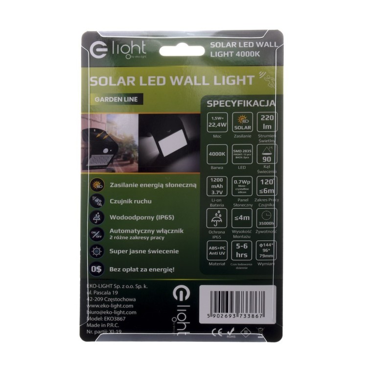 Lampka Solarna Butterfly Czarna 1,5W EKO3867 Eko-Light Oprawa elewacyjna lampa ścienna