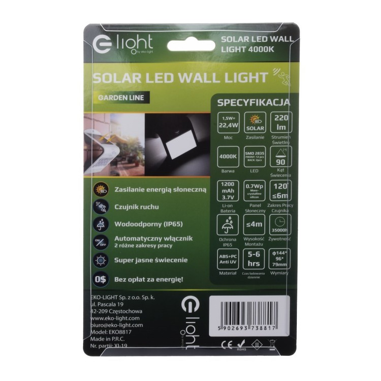 Lampka Solarna Butterfly Biała 1,5W EKO8817 Eko-Light Oprawa elewacyjna lampa ścienna