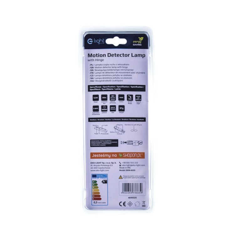 LAMPKA DO SZAFKI Z CZUJKA RUCHU I WIESZAKIEM 4000K EKB6639 Eko-Light