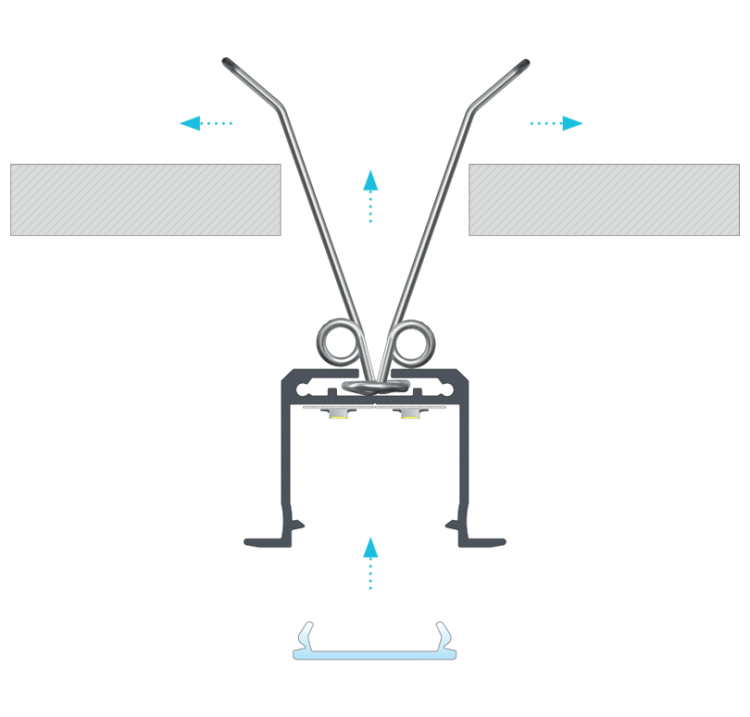 Profil do LED Aluminiowy Srebrny Typ K 2m + Klosz mleczny, Sprężyna montażowa