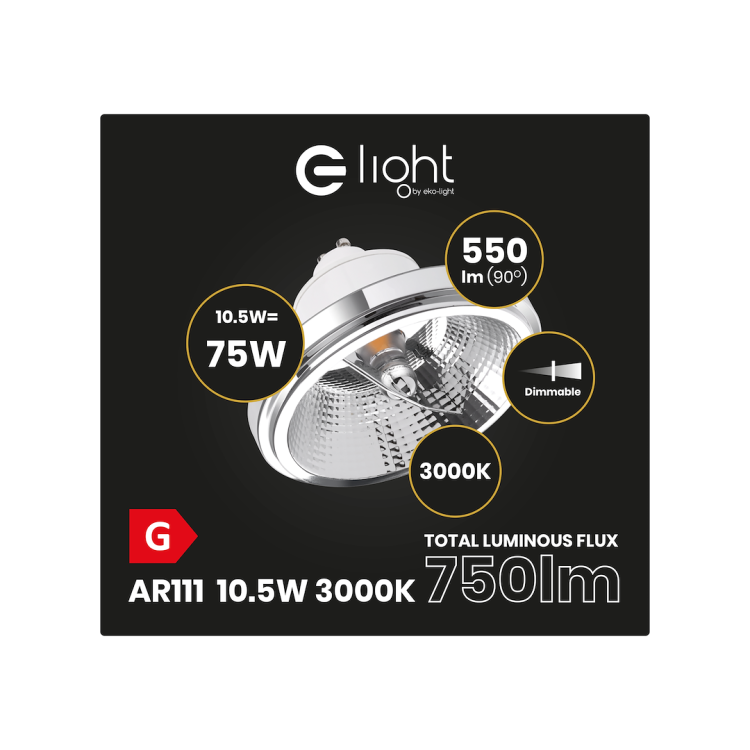 ŻARÓWKA AR111 - 10,5W GU10 3000K/ Biały z odbłyśnikiem Ściemnialna AR8618 Eko-Light