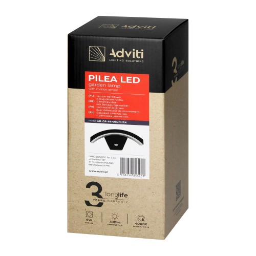 PILEA LED 9W, lampa ogrodowa z czujnikiem PIR, 700lm, IP54, 4000K, czarna AD-OP-6572BLPMR4 ADVITI Kinkiet