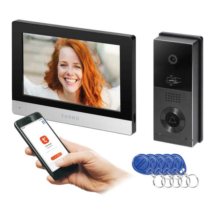 XIRAN, zestaw wideodomofonowy, bezsłuchawkowy, monitor dotykowy 8" LCD, Wi-Fi  + APP na telefon, z gniazdem na kartę pamięci, z kamerą Full HD 1080p, czytnikiem kart i breloków zbliżeniowych 125kHz OR-VID-MA-1079/B ORNO Home