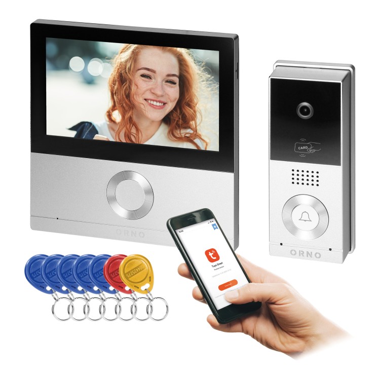 TALOS, zestaw wideodomofonowy jednorodzinny, 4-żyłowy, LCD 7", dotykowy, z gniazdem na kartę pamięci, interkom, z kamerą Full HD, czytnikiem RFID 125kHz, WiFi i obsługa poprzez aplikację Tuya OR-VID-MS-1078 ORNO Home