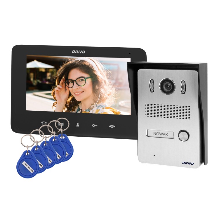 INDI N, zestaw wideodomofonowy jednorodzinny, 5-żyłowy, kolor, LCD 7", interkom, kaseta wideo natynkowa z czytnikiem RFID 125kHz, czarny OR-VID-VP-1069/B ORNO Home