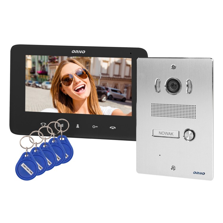 INDI P, zestaw wideodomofonowy jednorodzinny, 5-żyłowy, kolor, LCD 7", interkom, kaseta wideo podtynkowa z czytnikiem RFID 125kHz, czarny OR-VID-VP-1070/B ORNO Home