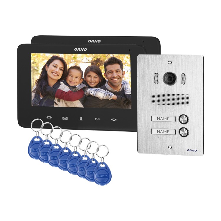 INDI MULTI P, zestaw wideodomofonowy 2-rodzinny 5-żyłowy, kolor, LCD 7", interkom, kaseta wideo podtynkowa z czytnikiem RFID 125kHz, czarny OR-VID-VP-1072/B ORNO Home