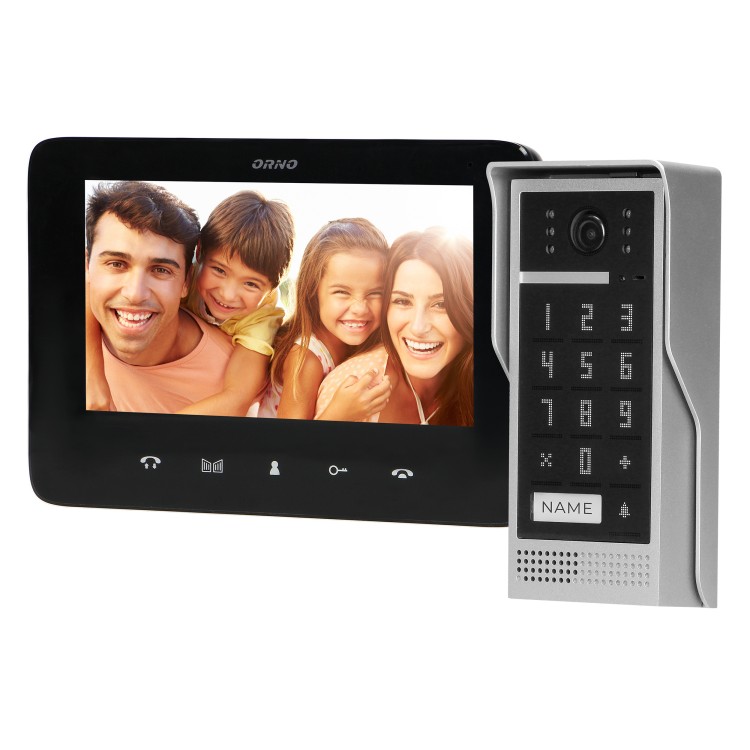 SCUTI, zestaw wideodomofonowy, jednorodzinny, 5-żyłowy, kolor, LCD 7", interkom, kaseta wideo natynkowa z szyfratorem, czarny OR-VID-VP-1073/B ORNO Home
