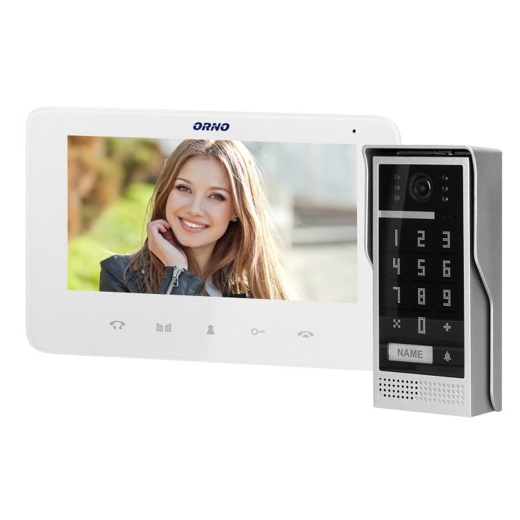 SCUTI, zestaw wideodomofonowy, jednorodzinny, 5-żyłowy, kolor, LCD 7", interkom, kaseta wideo natynkowa z szyfratorem, biały OR-VID-VP-1073/W ORNO Home