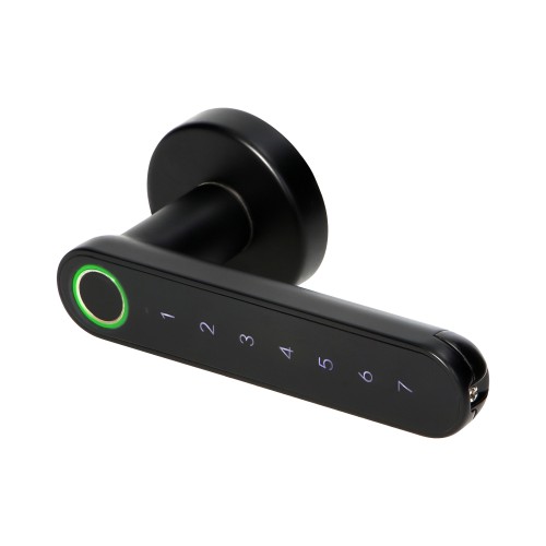 Klamka szyfrowa z klawiaturą dotykową. Otwierana na PIN, z czytnikiem linii papilarnych oraz telefonem z Bluetooth 4.0. Kolor Czarny OR-ZS-853/B ORNO Home