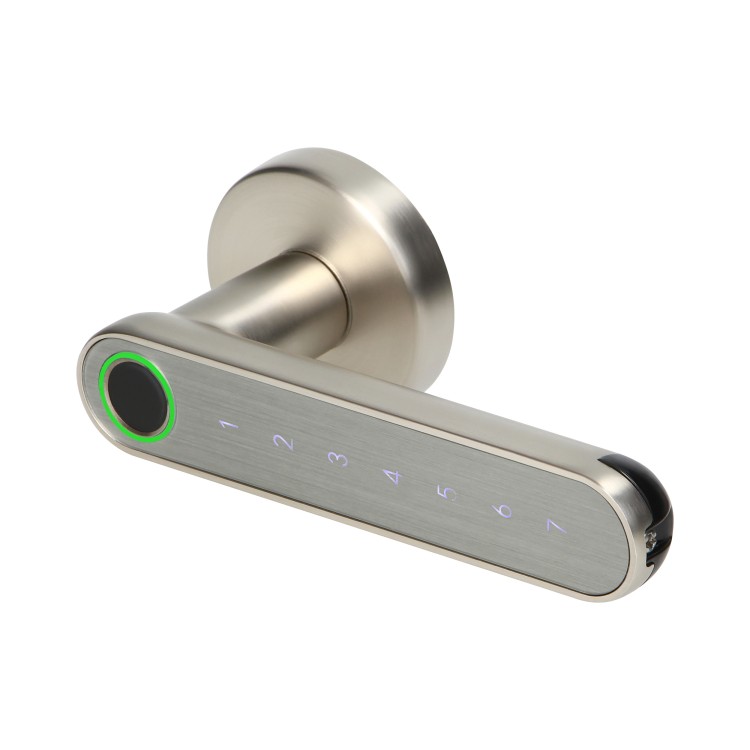 Klamka szyfrowa z klawiaturą dotykową. Otwierana na PIN, z czytnikiem linii papilarnych oraz telefonem z Bluetooth 4.0. Kolor Nikiel szczotkowany OR-ZS-853/N ORNO Home