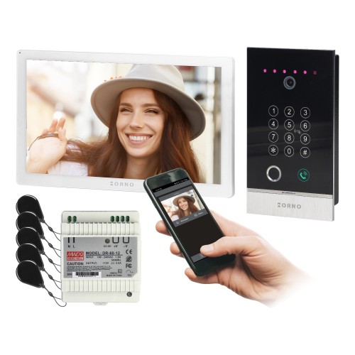 GUARDO zestaw wideodomofonowy jednorodzinny 4-żyłowy LCD 10" dotykowy z gniazdem na kartę pamięci interkom kaseta podtynkowa z kamerą Full HD szyfratorem czytnikiem RFID 125kHz oraz czytnikiem linii papilarnych WiFi Tuya OR-VID-MO-1076/W/F ORNO Home