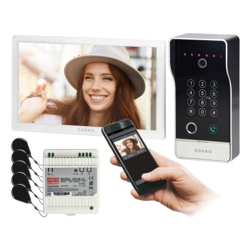 GUARDO zestaw wideodomofonowy jednorodzinny 4-żyłowy LCD 10" dotykowy z gniazdem na kartę pamięci interkom kaseta natynkowa z kamerą Full HD szyfratorem czytnikiem RFID 125kHz oraz czytnikiem linii papilarnych WiFi Tuya OR-VID-MO-1076/W/S ORNO Home