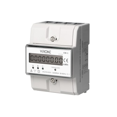 3-fazowy wskaźnik zużycia energii elektrycznej, 80A, 3 moduły, DIN TH-35mm EM-3 Virone