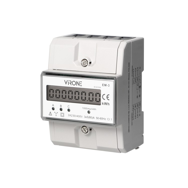 3-fazowy wskaźnik zużycia energii elektrycznej, 80A, 3 moduły, DIN TH-35mm EM-3 Virone