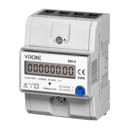 3-fazowy wskaźnik zużycia energii elektrycznej, 80A, dodatkowy wskaźnik, wyjście impulsowe, przycisk RESET, 2 moduły, DIN TH-35mm EM-6 Virone