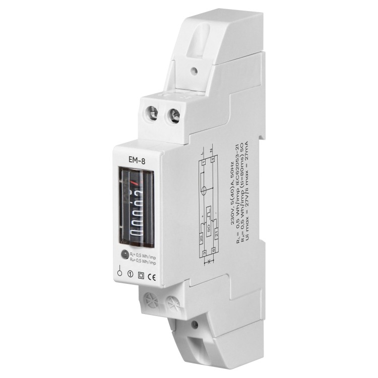 1-fazowy analogowy wskaźnik zużycia energii elektrycznej, 40A, 1 moduł, DIN TH-35mm EM-8 Virone